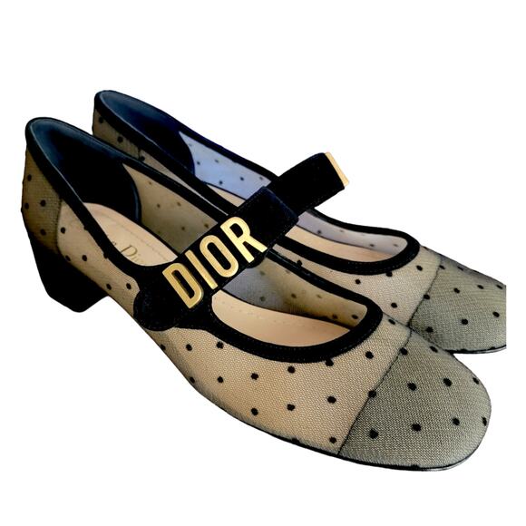 Dior Baby D Mesh Mary Jane Suede Logo Pumps Black Polka Dot Low Heel 8.5 38.5 - Picture 1 of 17